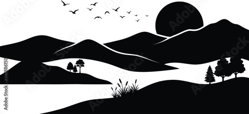 Beautiful black and white silhouette landscape of mountains and a lake at sunset with flying birds