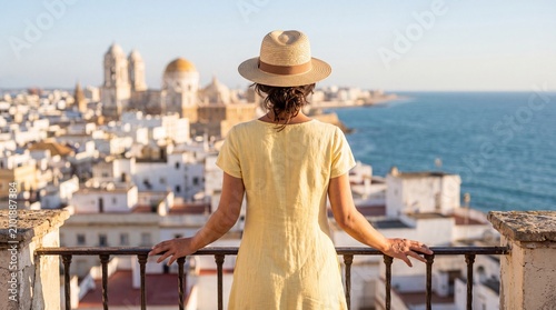 Woman in Yellow Dress Admiring Scenic Coastal City View