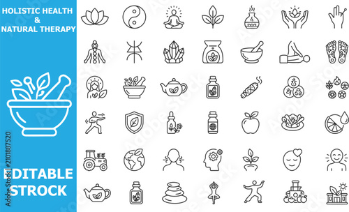 Holistic health and natural therapy icons set