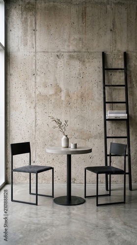 Modern cafe interior with concrete wall. Minimalist bistro table and chairs set.