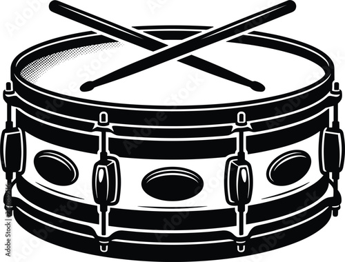 Foto Acoustic snare drum musical instrument with crossed wooden drumsticks for rock b
