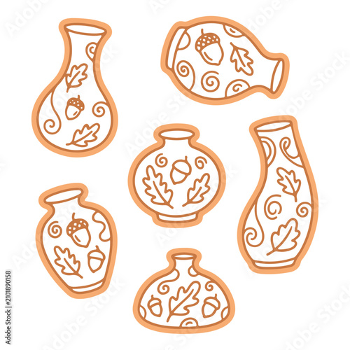 Set of autumn vases of different shapes, vector illustration of clay vases with patterns