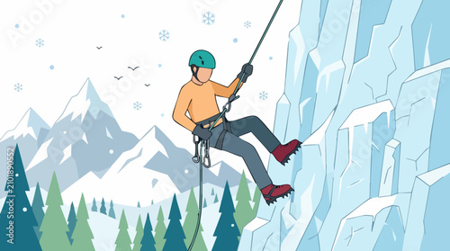 Fotografía Ice climber rappelling down a frozen mountain in a winter landscape