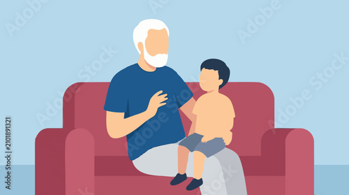 Canvas Print Grandfather and grandson sitting on sofa, family conversation, flat illustration