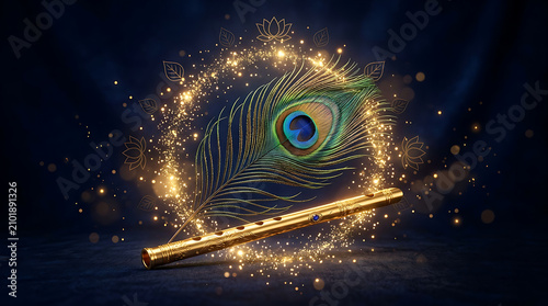 Peacock feather and golden flute. Traditional Indian festival background with magic light.