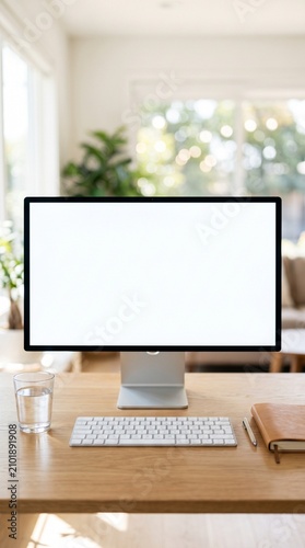 Computer monitor on a desk. Office workspace setup with keyboard
