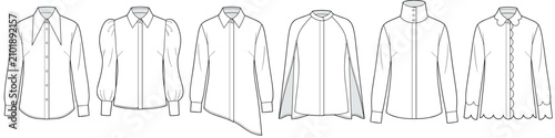 womens fashion blouses with puff sleeves technical drawing fashion flat sketch vector illustration template cad mockup