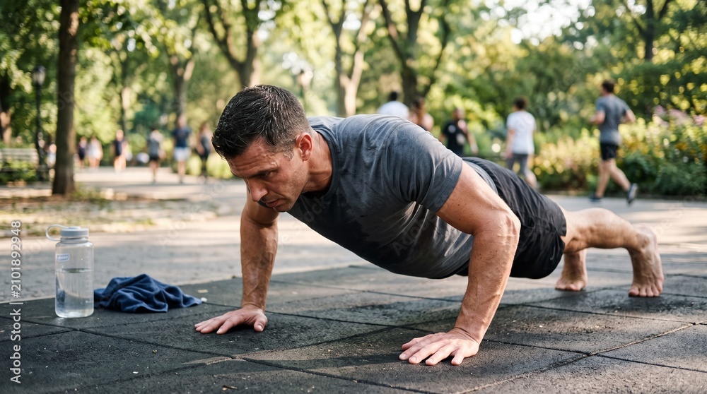 Fototapeta premium Man Doing Push Ups in Outdoor Park