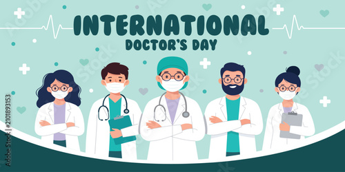 Bild auf Leinwand International Doctor's Day Celebration: A diverse group of medical professionals, adorned in scrubs and lab coats, stand united to honor International Doctor's Day