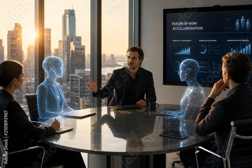 Business professionals collaborating with artificial intelligence holographic avatars in a modern city office boardroom.