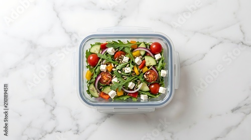 Fresh vegetable salad in a glass food storage container. spill proof container
