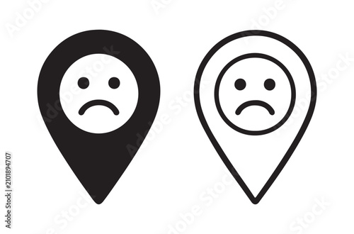 Sad face location pin icons black and white line art style