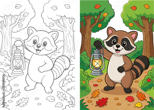 Cute Cartoon Raccoon Holding a Lantern in Forest Coloring Page and Colored Version