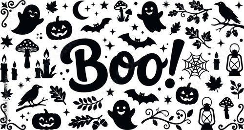 Quadro su tela Boo Halloween Lettering Pattern with Spooky Ghosts Pumpkins and Bats