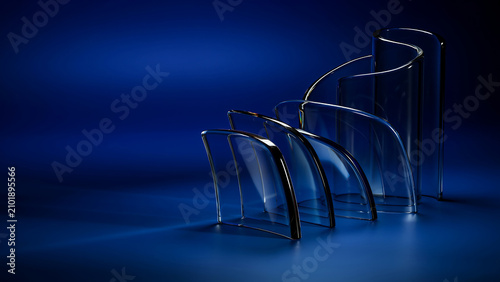 Abstract curved glass panels arranged in a row with abstract transparency reflection architecture structure geometric lighting refraction material surfaces minimalist