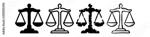 Set of Four Scales of Justice Icons in Different Styles - Solid, Outline, Grungy, and Sketchy Black Silhouette Icons for Legal, Law, and Court Concepts