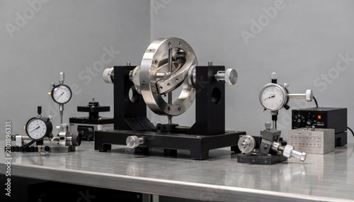 Medium shot of a precision gyroscope mounted on a calibration bench featuring detailed instruments for accurate alignment in a controlled indoor environment.