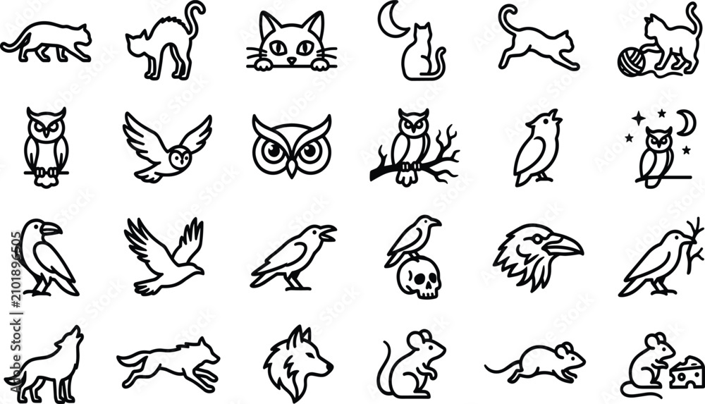 Fototapeta premium Halloween Wildlife and Spooky Night Animals Line Icon Set with Owls, Crows, Cats, Wolves, and Mice Symbols for Festive Holiday Graphic Designs and Digital Apps