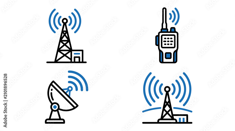Fototapeta premium Communication Technology Icons: Towers, Satellite Dish, Walkie-Talkie