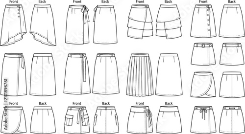 Foto Fashion technical sketch collection of women casual wrap and midi skirts showing