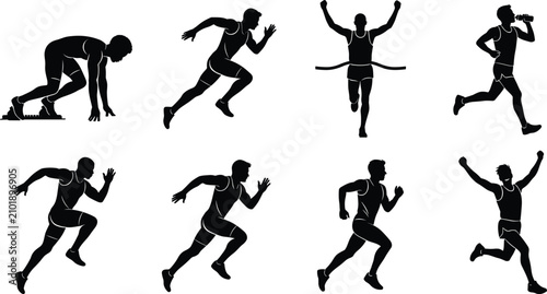 Foto Professional athlete running sprint race actions collection set starting block s