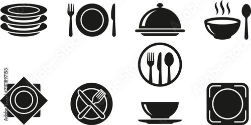 Bild auf Leinwand Restaurant tableware silhouette icon set with plates fork knife spoon cloche bow