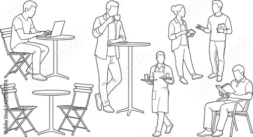 Café Scene Line Art Illustrations of People Working, Talking, and Relaxing in Casual Setting