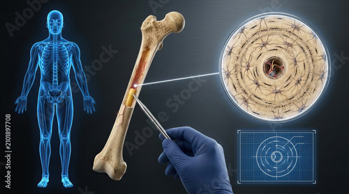 Bone femur anatomy skeleton osteoporosis healthcare medical science scan research clinical illustration showing femur bone biopsy analysis with human skeleton diagram, microscope view of bone