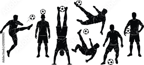 Photos Professional soccer players performing dynamic freestyle tricks acrobatic kicks