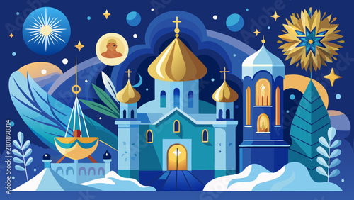 Stylized Orthodox Church Building with Golden Domes under a Starry Night Sky Illustration