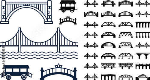 Fotografie Bridge big bundle silhouette icon set with suspension arches train wagon and eng