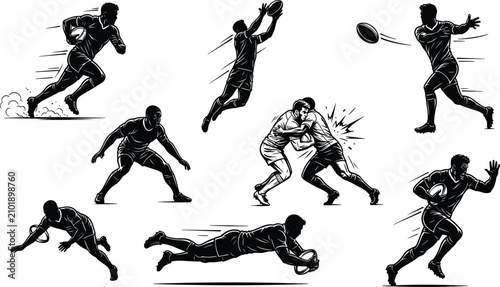 Foto Professional rugby players team dynamic actions set running tackling passing cat