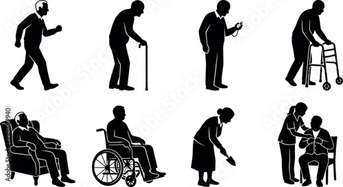 Senior citizens daily life activities and healthcare assistance black silhouettes collection