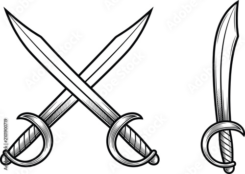 Konstfotografi Crossed Pirate Cutlass Engraving Style Hand Drawn Sword Vector Illustration and