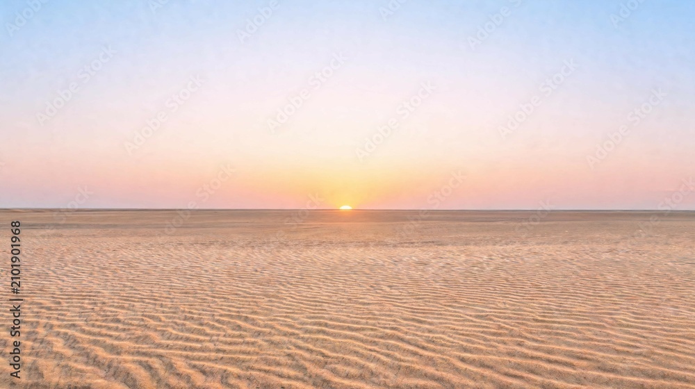 Fototapeta premium Golden sun rising over the vast sandy desert dunes under a soft pastel morning sky landscape