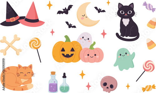 Fotografie Halloween stickers with cats pumpkins and candy