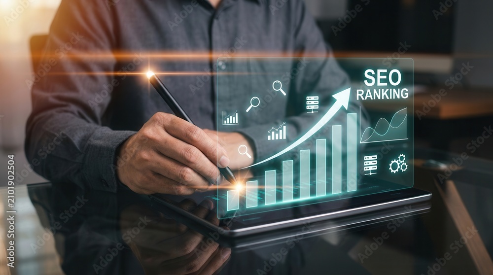 Fototapeta premium Businessman analyzing SEO ranking graph with digital overlay in warm office lighting