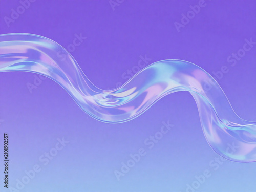 A dynamic, abstract composition featuring a flowing, semi-transparent iridescent ribbon of fabric floating across the frame