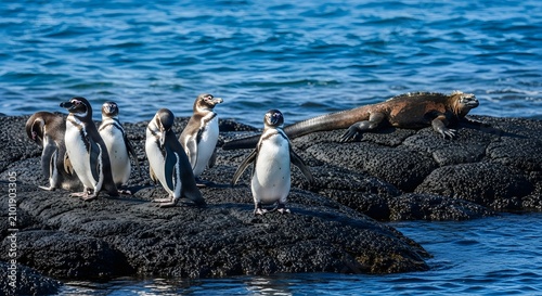 Galapagos penguins and marine iguana on rocky shore