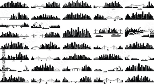 Konstfotografi Black silhouettes of megacity skyline grids showcasing industrial harbor docks c