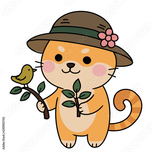 Canvastavla Cute cat botanist wearing safari hat with little bird vector illustration