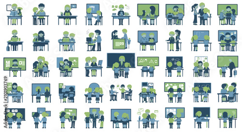 Educational classroom icons set, school learning and teaching flat vector illustrations, 40 student and teacher icons in blue and green