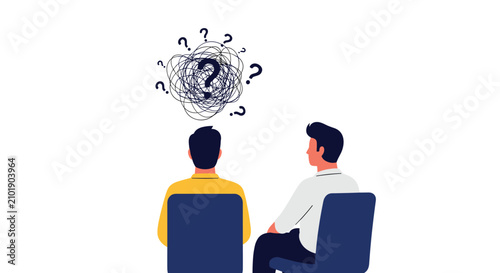 Two men sitting together and having a conversation where one person has a tangled scribble thought bubble representing confusion.