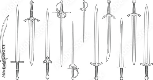 Schilderij op canvas Hand Drawn Medieval and Fantasy Sword Collection Vintage Line Art Vector Illustr