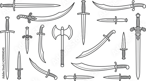 Foto Hand Drawn Medieval Fantasy Weapons Collection Outline Vector Illustration with