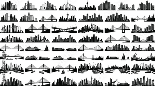 Принти на полотні Black silhouettes of maritime hubs showcasing multi span overpasses sprawling to
