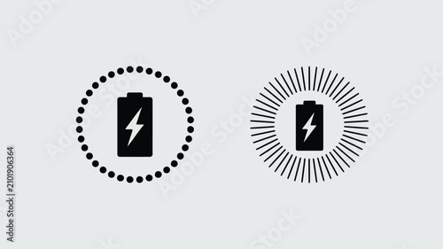 Valokuva Battery charging icons set featuring power cell with lightning bolt symbol enclosed in dotted and radiating sunburst decorative circles