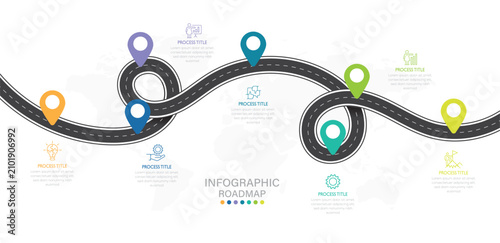 Business road map timeline infographic concept with 7 step, option, process. Modern milestone diagram. Vector illustration. 