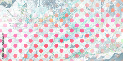 Pastel mixed media background with pink polka dots and brush strokes. 
