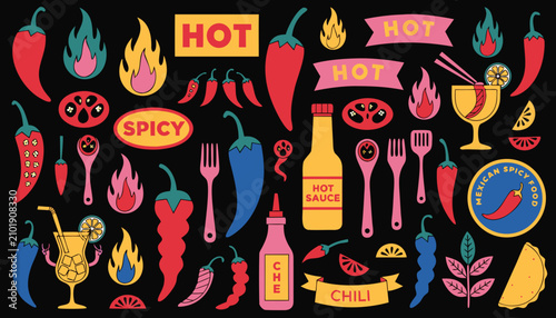 Canvastavla Set of colorful mexican food stickers featuring chili peppers and hot sauce ingredients
